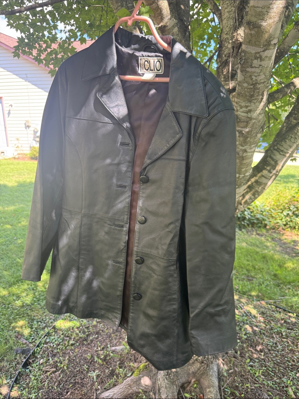 Clio Black Leather Trench Coat with Button Front